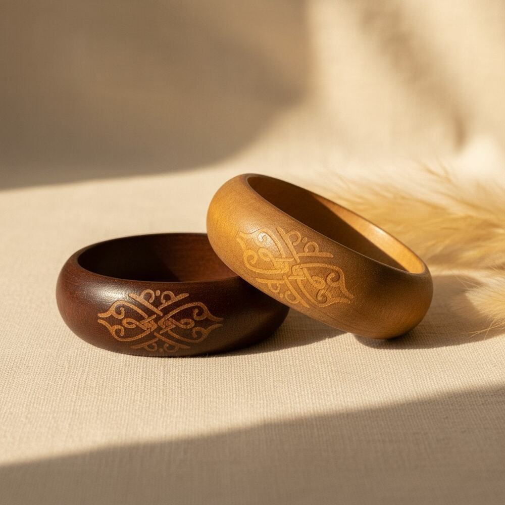 Vintage 1970s Wood Bangle Bracelets Pair-Carved-Boho Hippie-Statement Jewelry